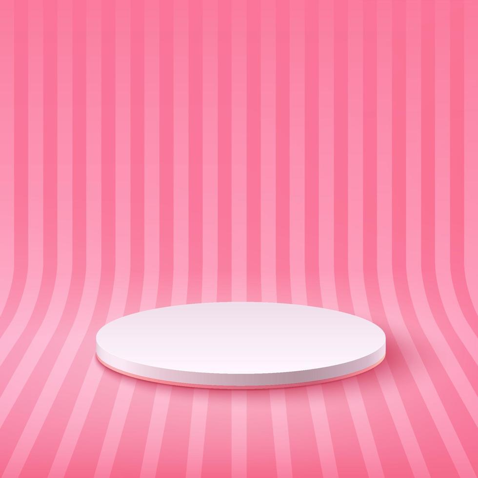 Abstract round display for product on website in modern. Background rendering with podium and minimal pastel perspective stripes texture wall scene, 3d rendering geometric shape white and pink color. vector