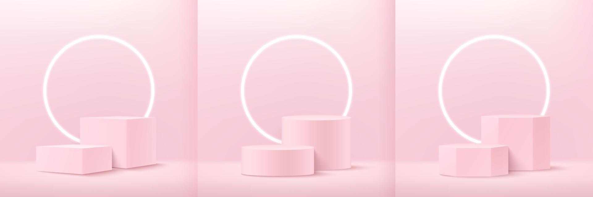 Set of abstract soft pink cube round and hexagon display for product on website in modern. Background rendering with podium and minimal texture wall scene, 3d rendering geometric shape pastel color. vector