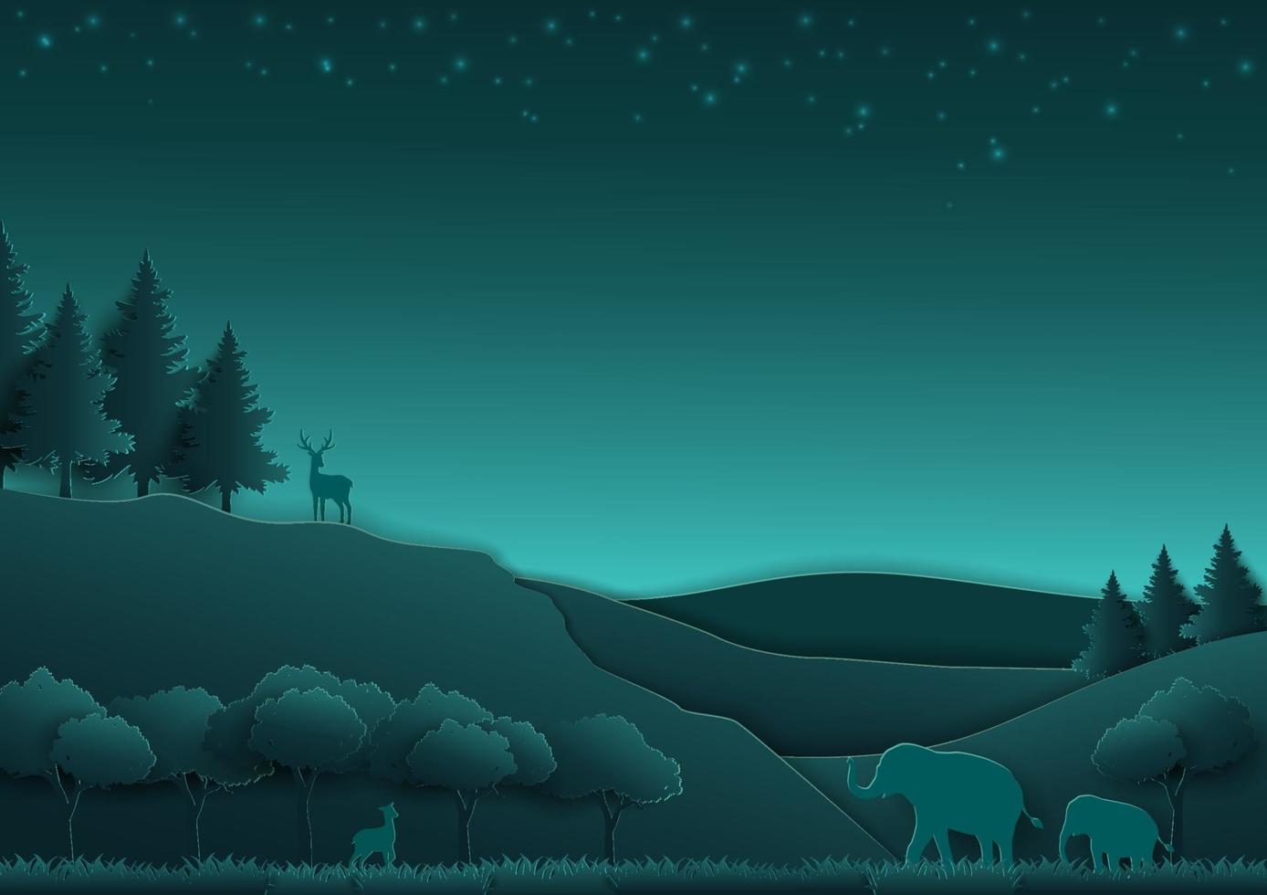 Escena nocturna del bosque con animales y naturaleza en estilo de arte en papel. vector