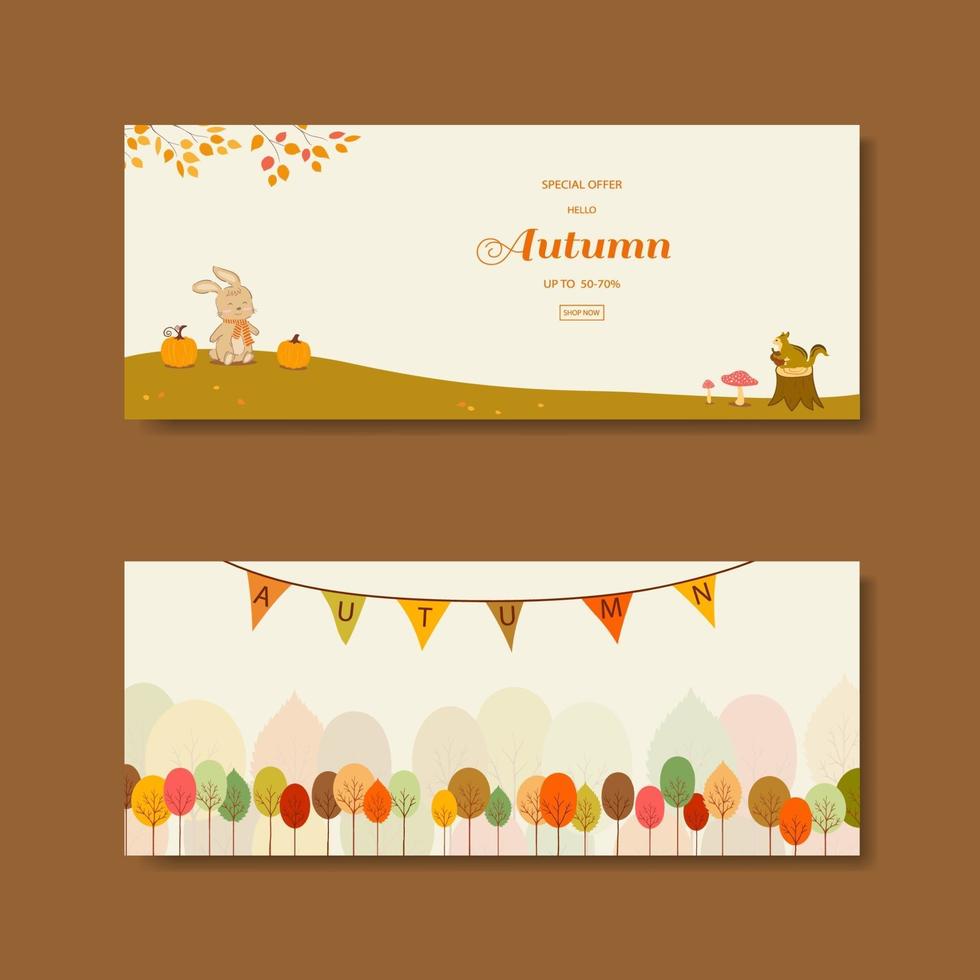 Collection of autumn sale banners with cute animals and colorful leaves vector