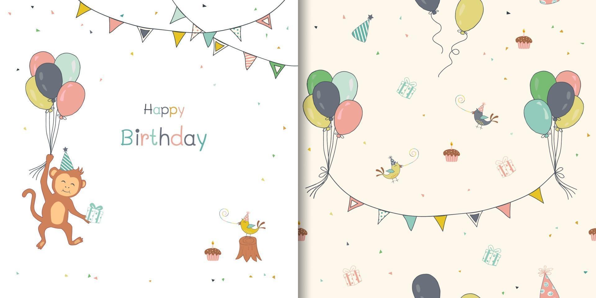 Set of seamless happy birthday patterns, hand drawn cute monkey with balloons and bunting vector