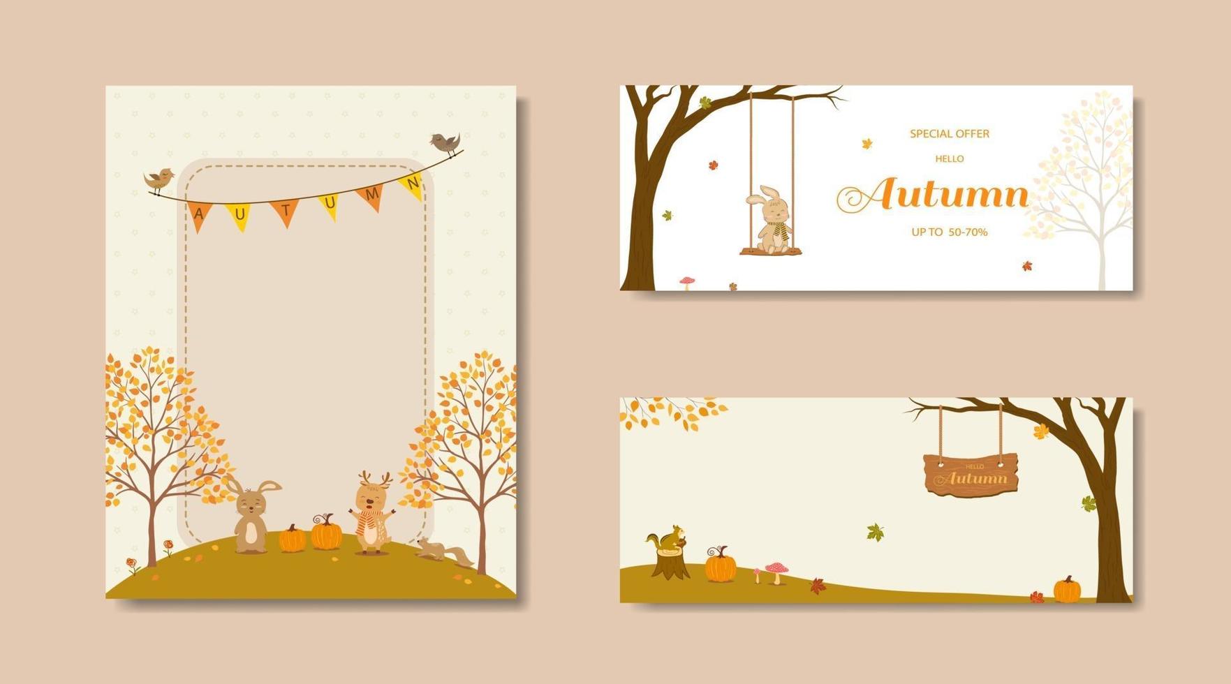 colección de pancartas de venta de otoño de naturaleza con animales lindos y hojas coloridas vector