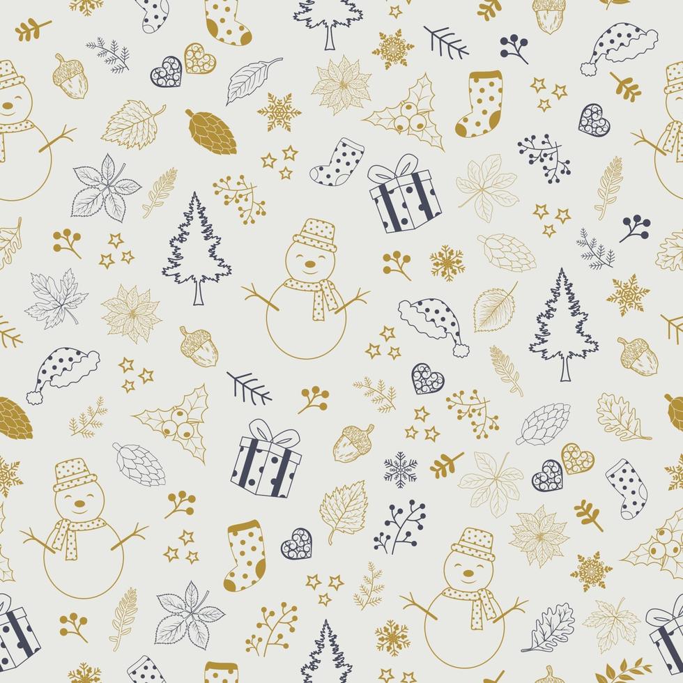 Cute hand drawn cartoon seamless pattern with snowman,gift box,socks and trees for Christmas vector