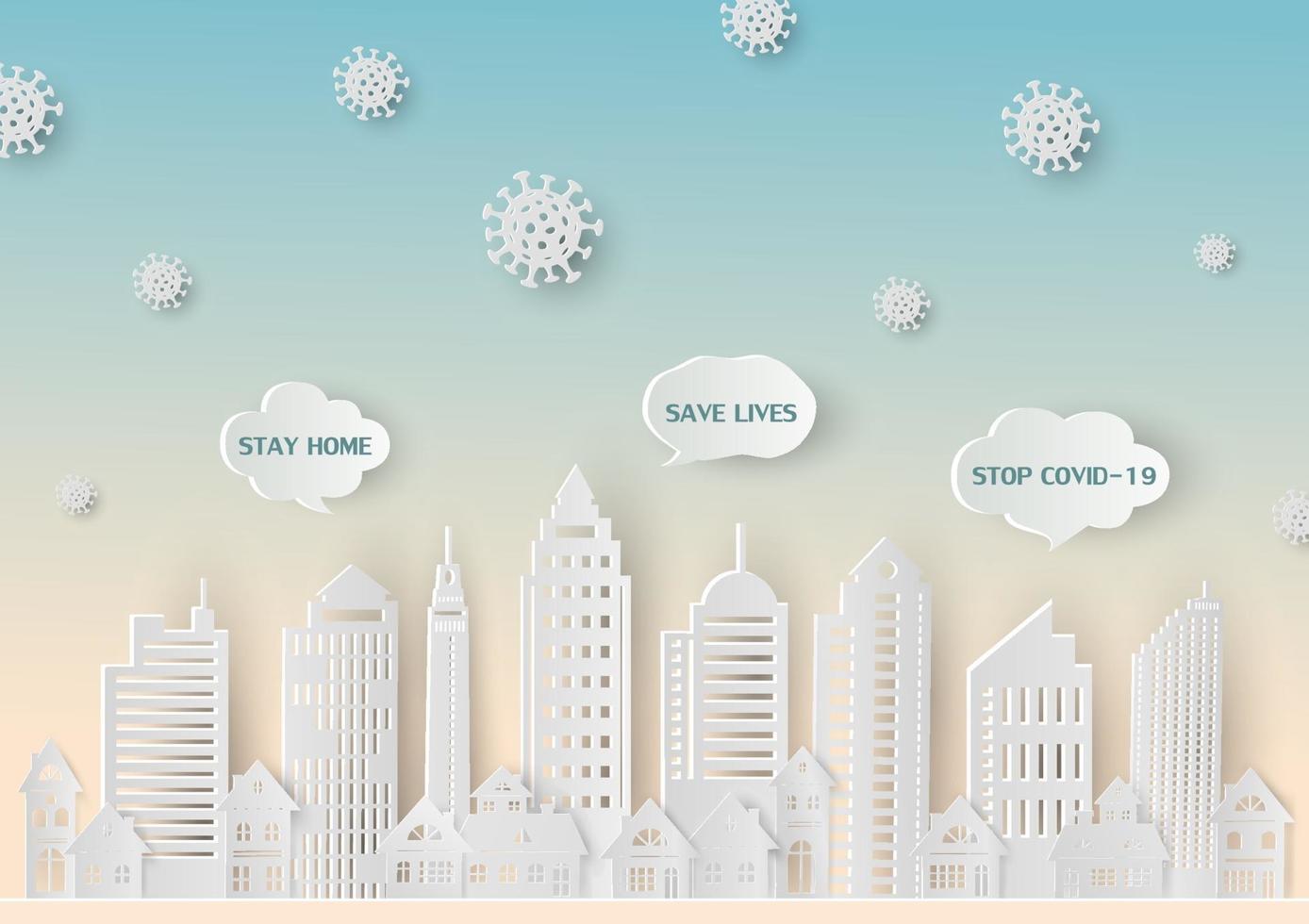 Stop covid-19 with stay home and save lives text in paper art style vector
