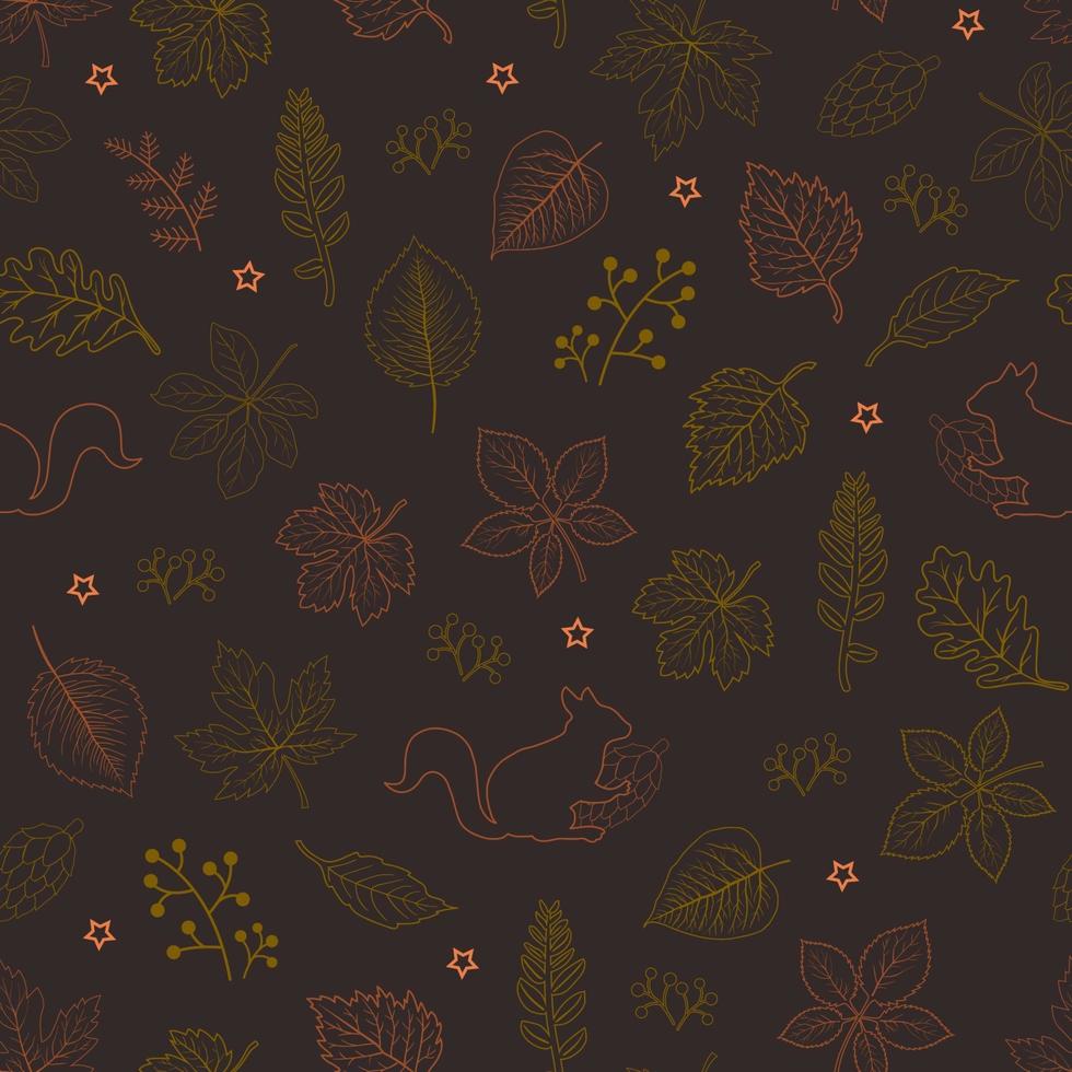 Hand drawn autumn leaves seamless pattern on dark brown background vector