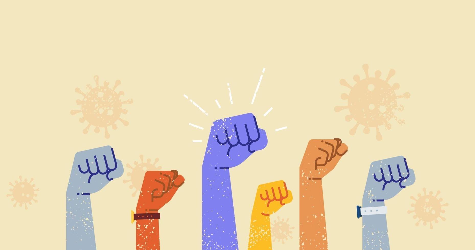 Hands up together fight Coronavirus 2019-nCov vector illustration.