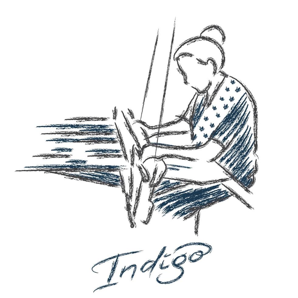 A woman hand weaving and dyeing drawing with brush line stroke style. Wearing an indigo fabric and local textiles. vector