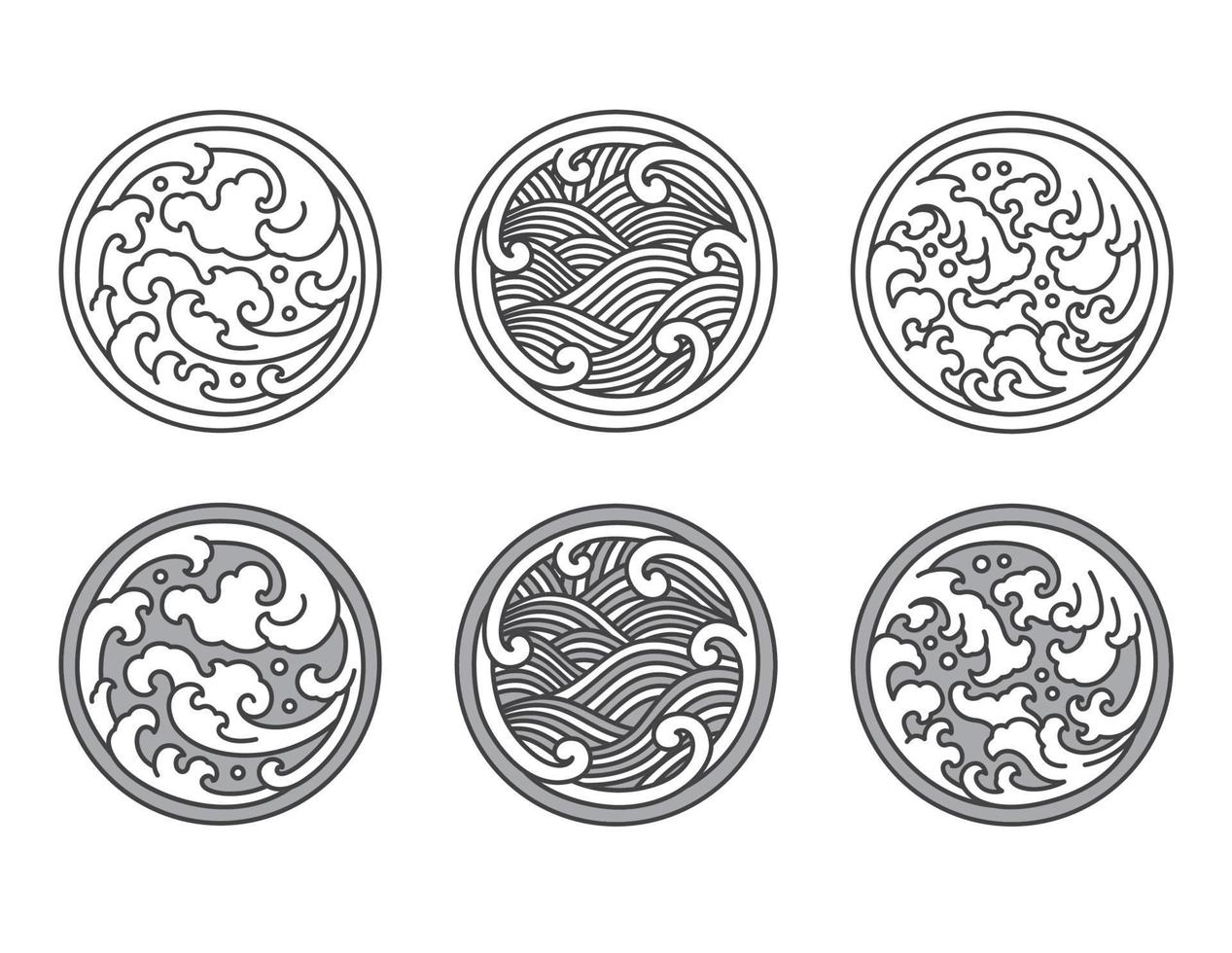 Conjunto de líneas de ondas de agua japonesas, tailandesas y chinas. vector