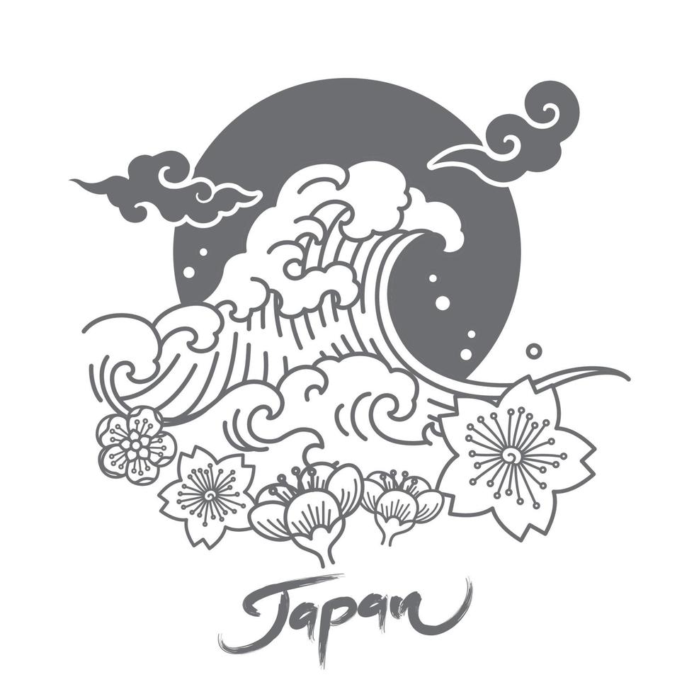 diseño simbólico de Japón con gran ola y flores de sakura y nubes orientales y sol. vector