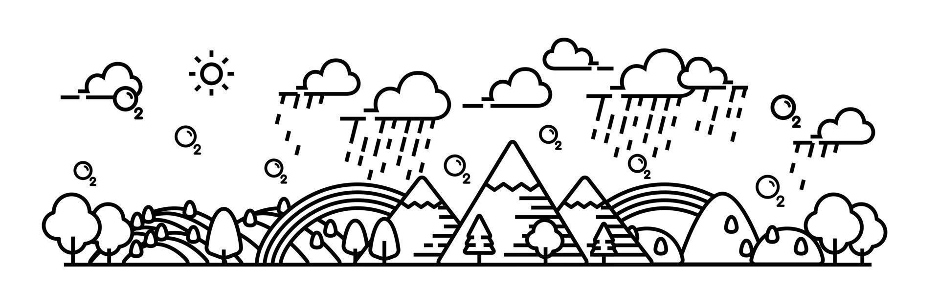 Forest and hill rainy panorama view vector illustration.