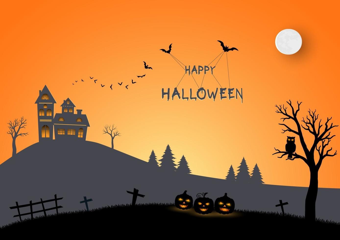 feliz halloween escena en papel arte y estilo artesanal vector