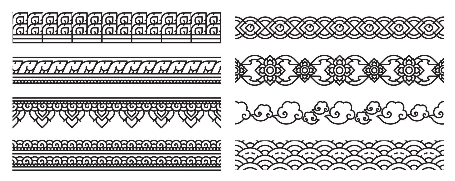 Thai art line seamless borders. Old lace patterns. vector