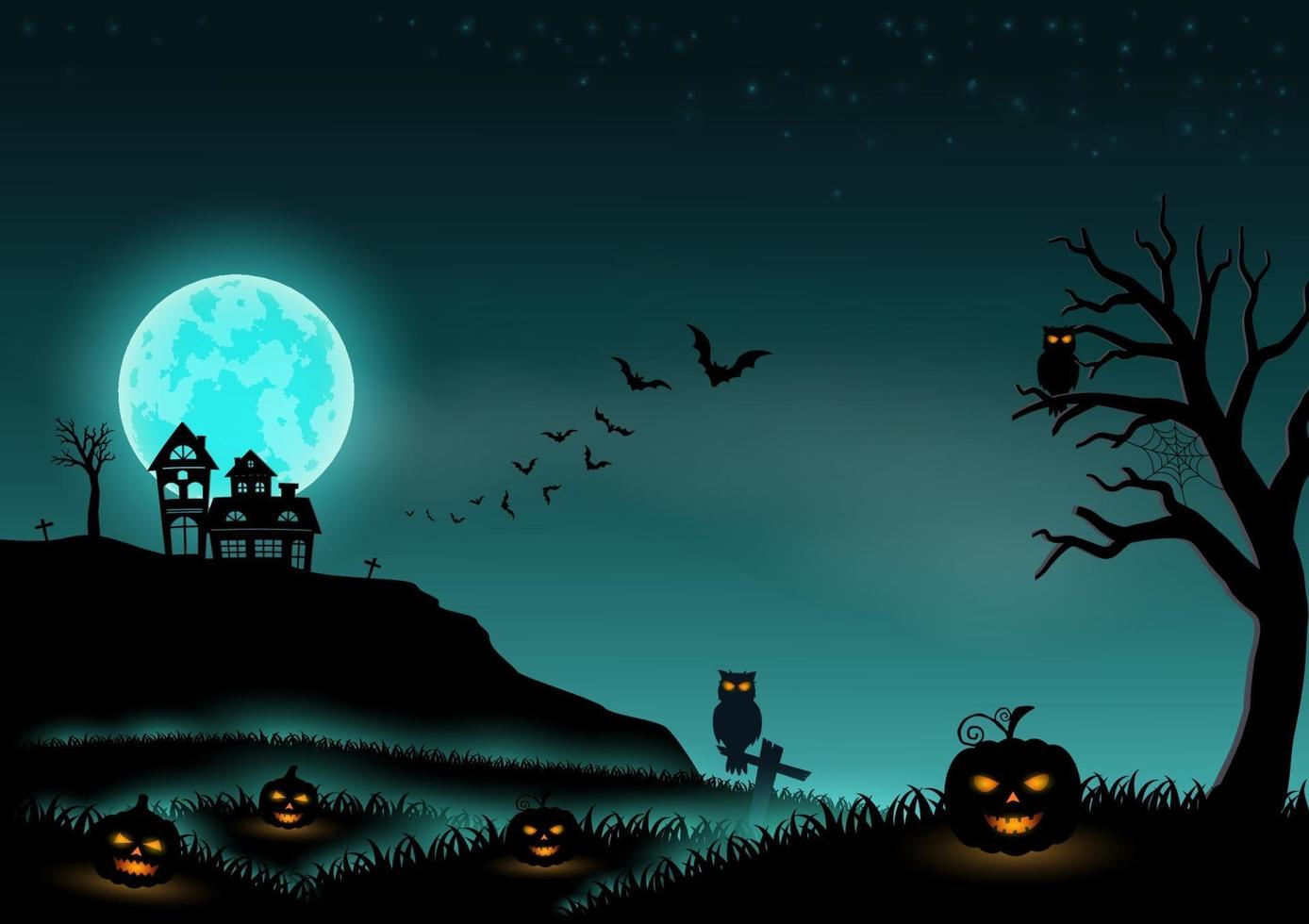 Halloween night background landscape with stars, moon, pumpkins and castle vector