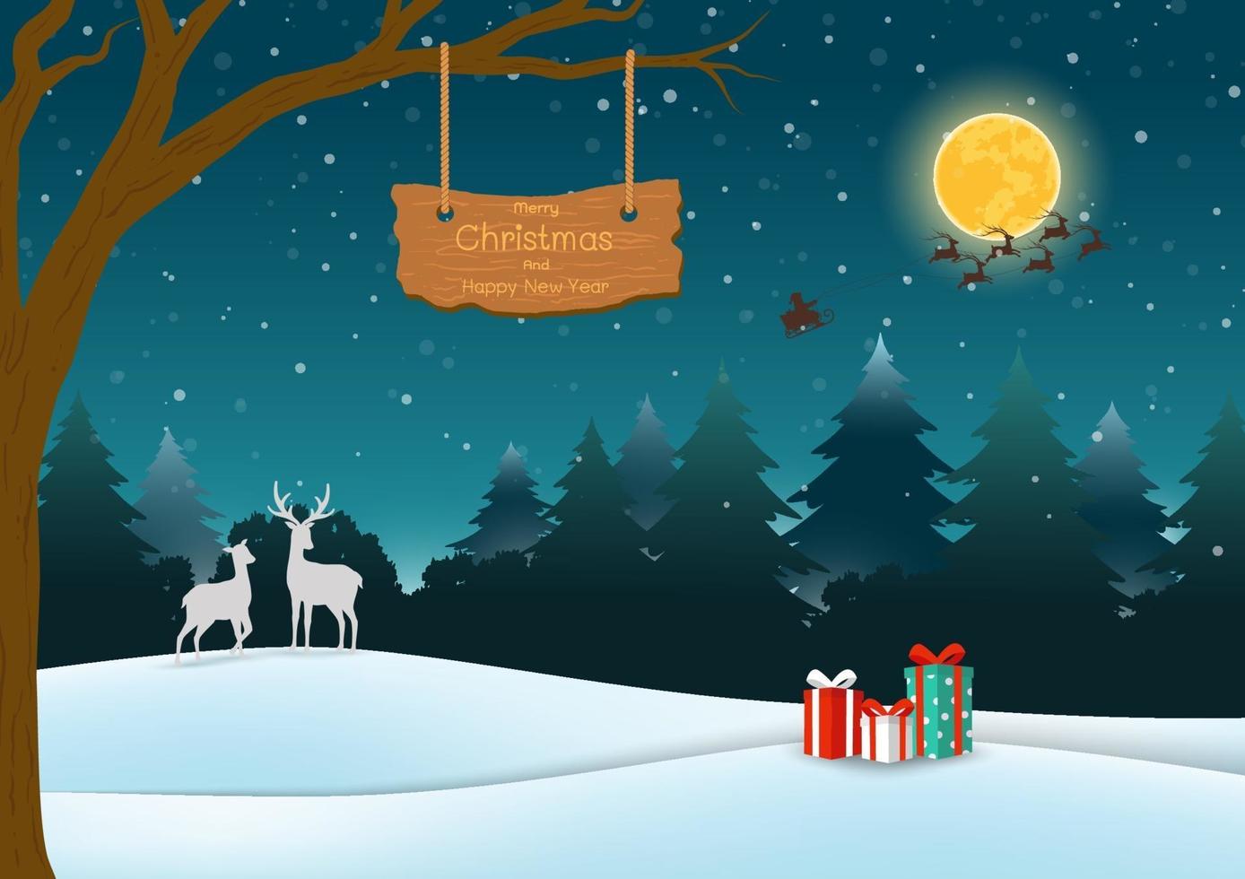 Feliz navidad y feliz año nuevo tarjeta de felicitación con escena nocturna en el fondo del bosque con cartel de madera y cajas de regalo vector