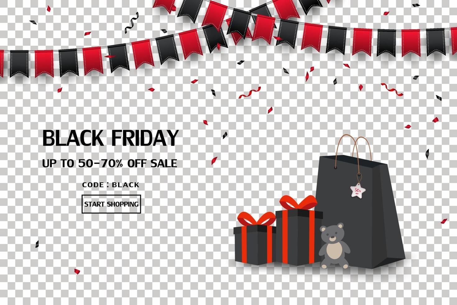 Banner de venta de viernes negro con cajas de regalo, bolsas de compras, bandera y confeti. vector