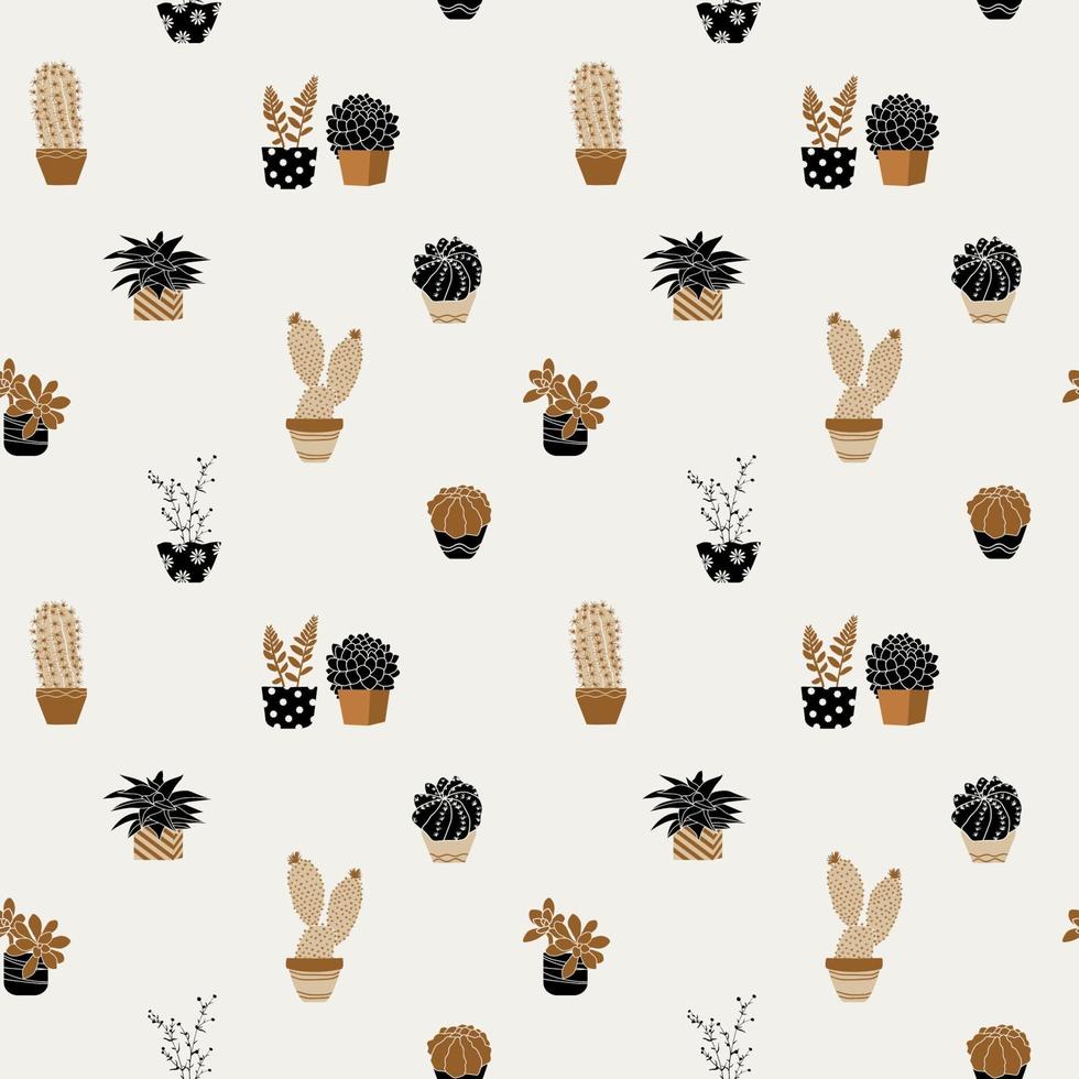 Hand drawn cute succulent plants on pots seamless pattern vector