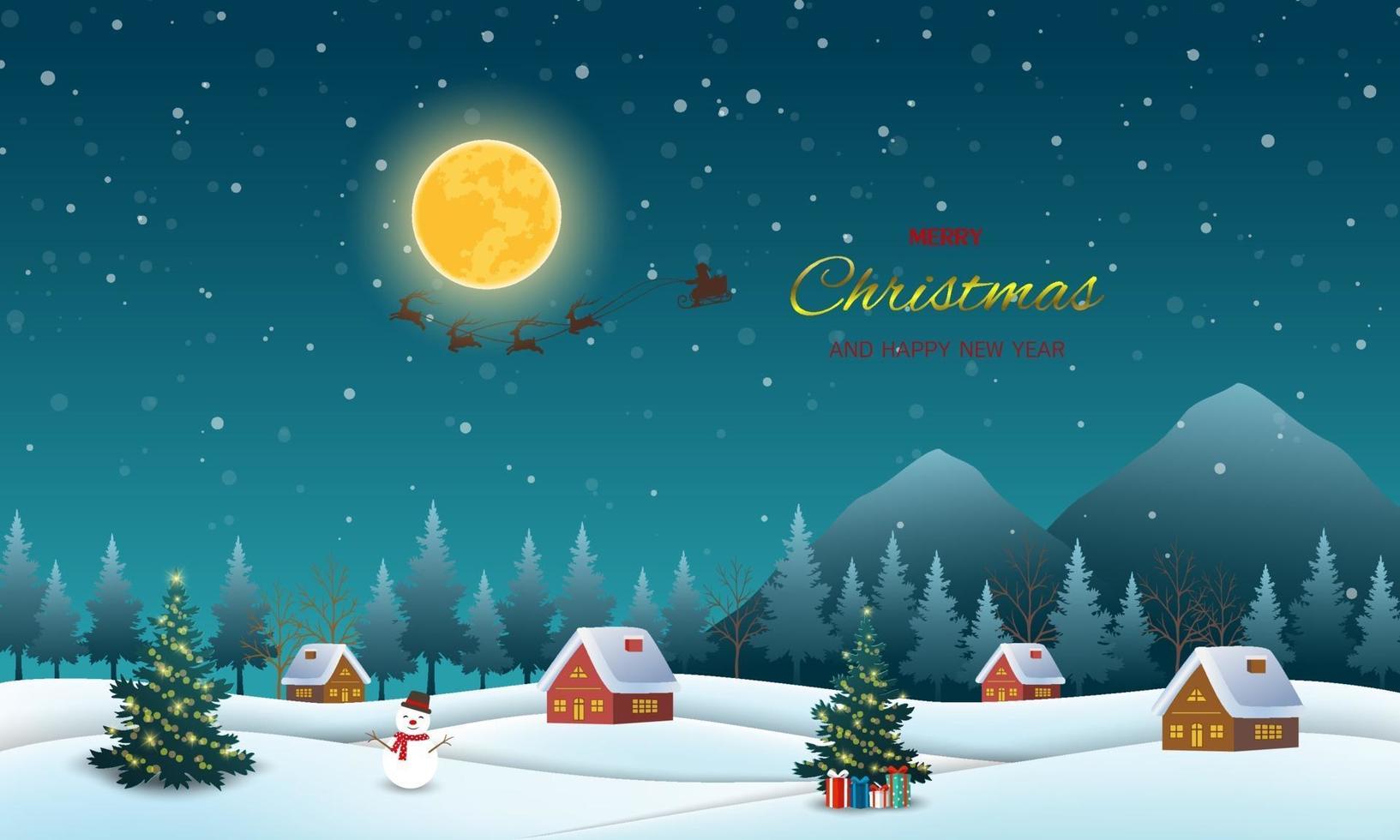 Night scene background with Santa Claus flying on sleigh pulled by reindeer over village vector