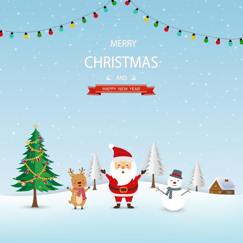 Merry Christmas and Happy new year concept, Santa Claus with friends and Christmas tree vector
