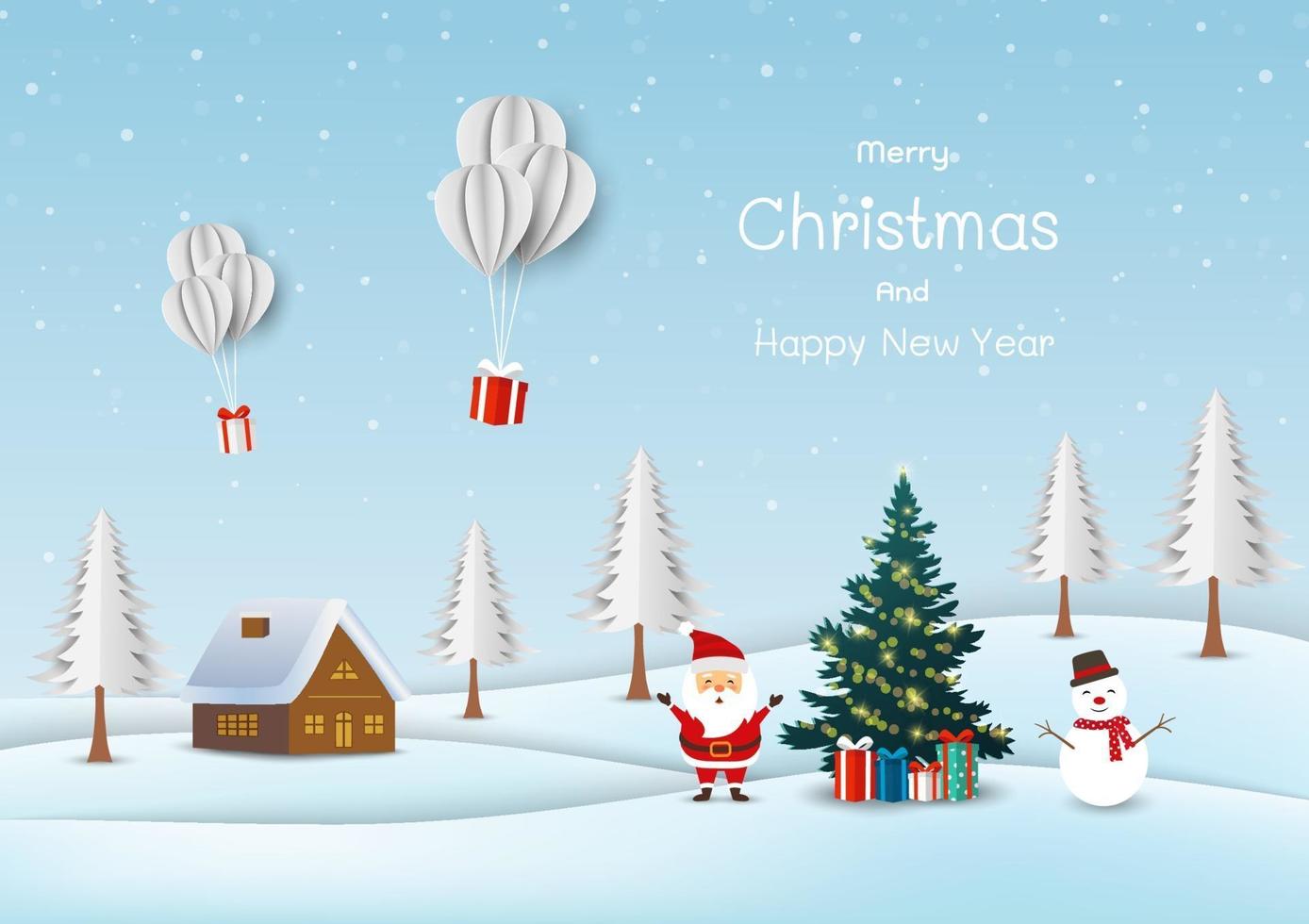 Merry Christmas and happy new year greeting card with cute Santa and snowman in winter village vector