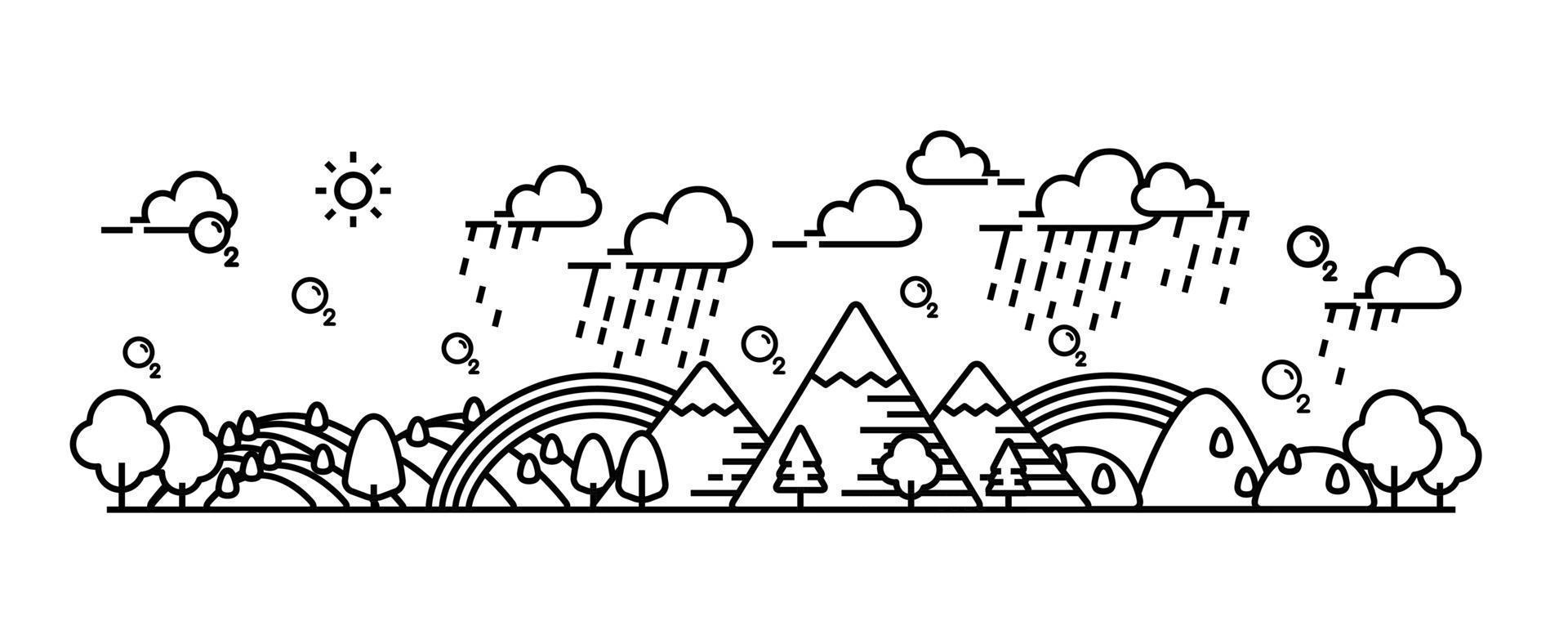 Ilustración de vector de vista panorámica lluviosa de bosque y colina.