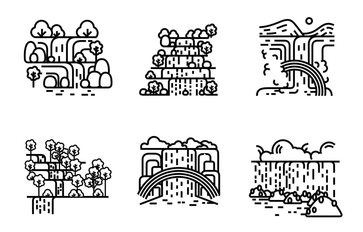 Waterfall icon set. Flat line illustration. vector