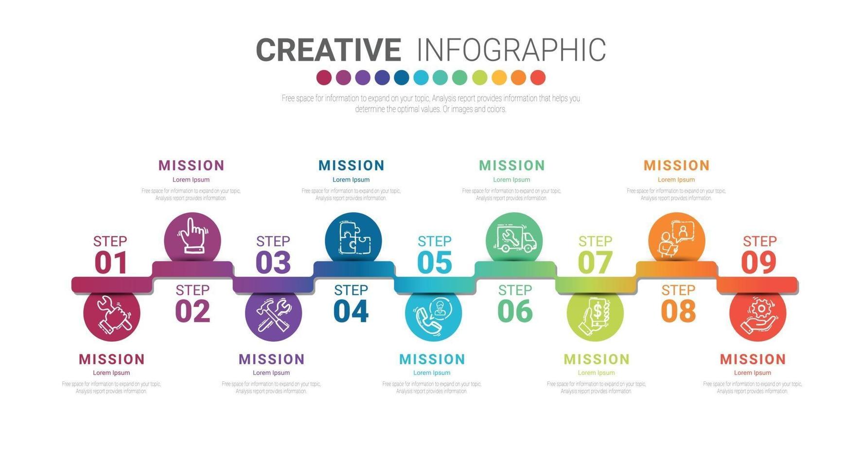 Plantilla de infografía empresarial de línea de tiempo, plantilla de opciones de número de infografías abstractas con 9 pasos. vector