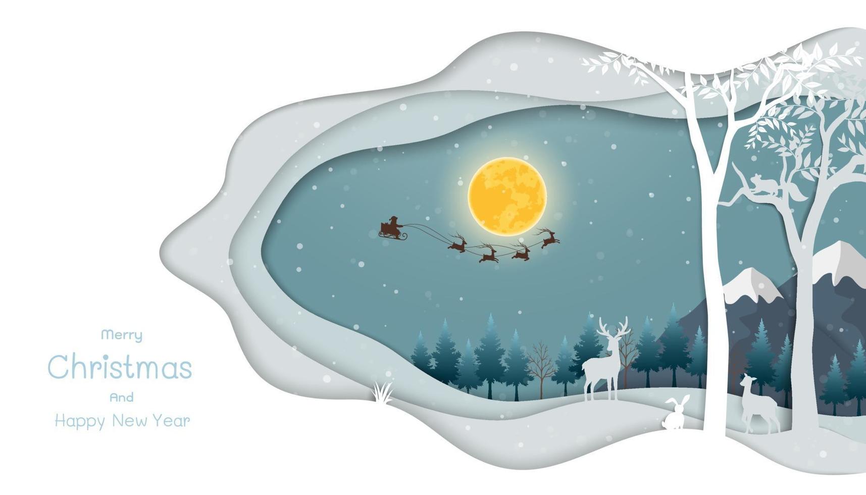 Merry Christmas and Happy new year greeting card, night scene winter background with Santa Claus flying on sleigh pulled by reindeer over forest vector