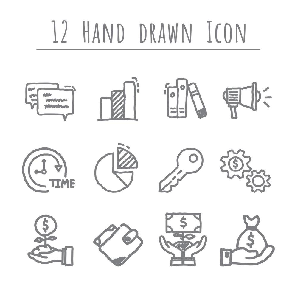 conjunto de iconos de negocios, vector dibujado a mano 12 iconos. contiene íconos tales como fabricación, ingeniero, producción, configuración y más
