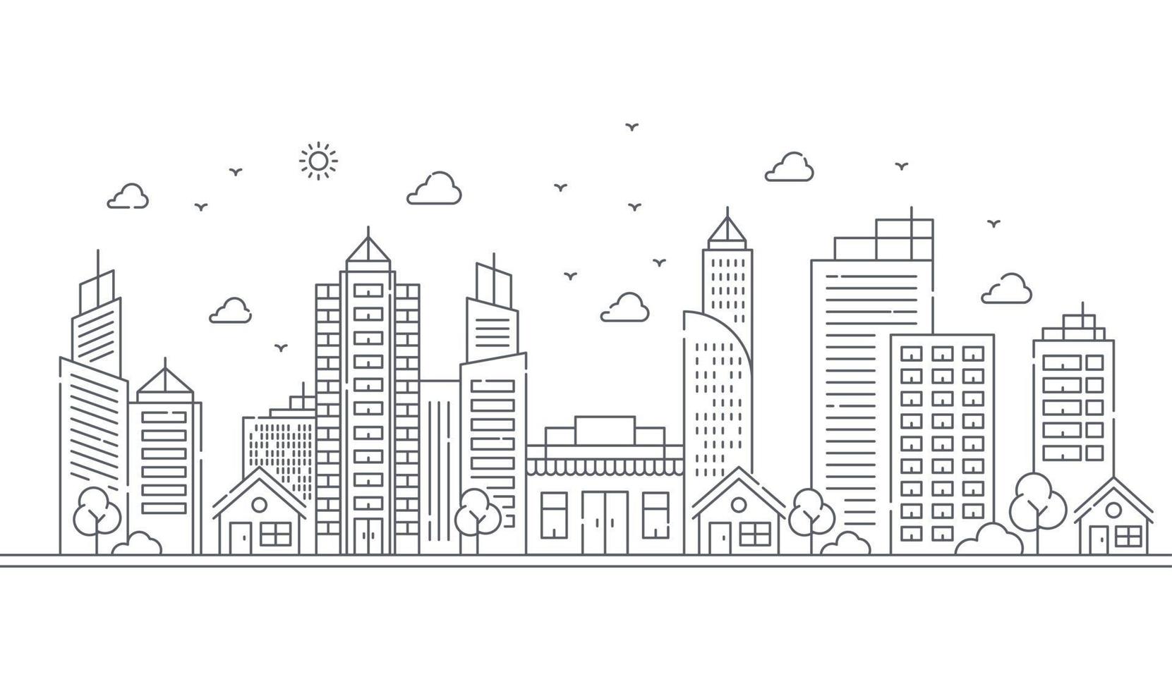 Illustration of large buildings and trees in thin lines style vector