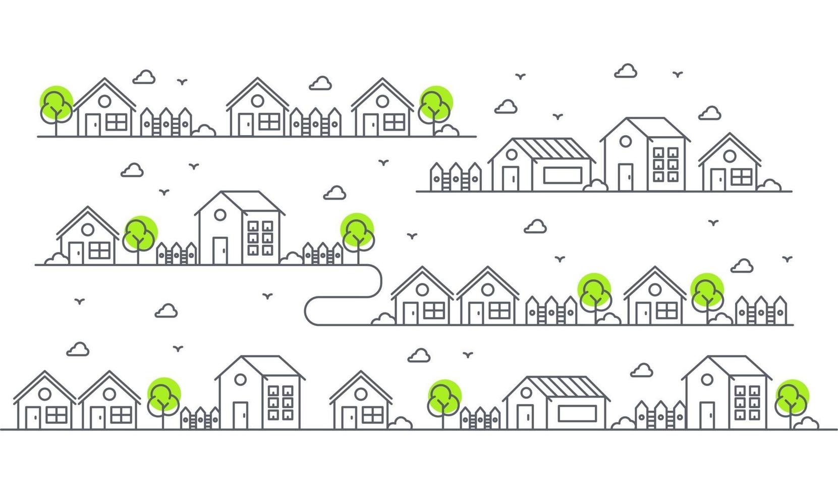 Ilustración de casas en diversas formas con árboles. Hermosa vista residencial. vector