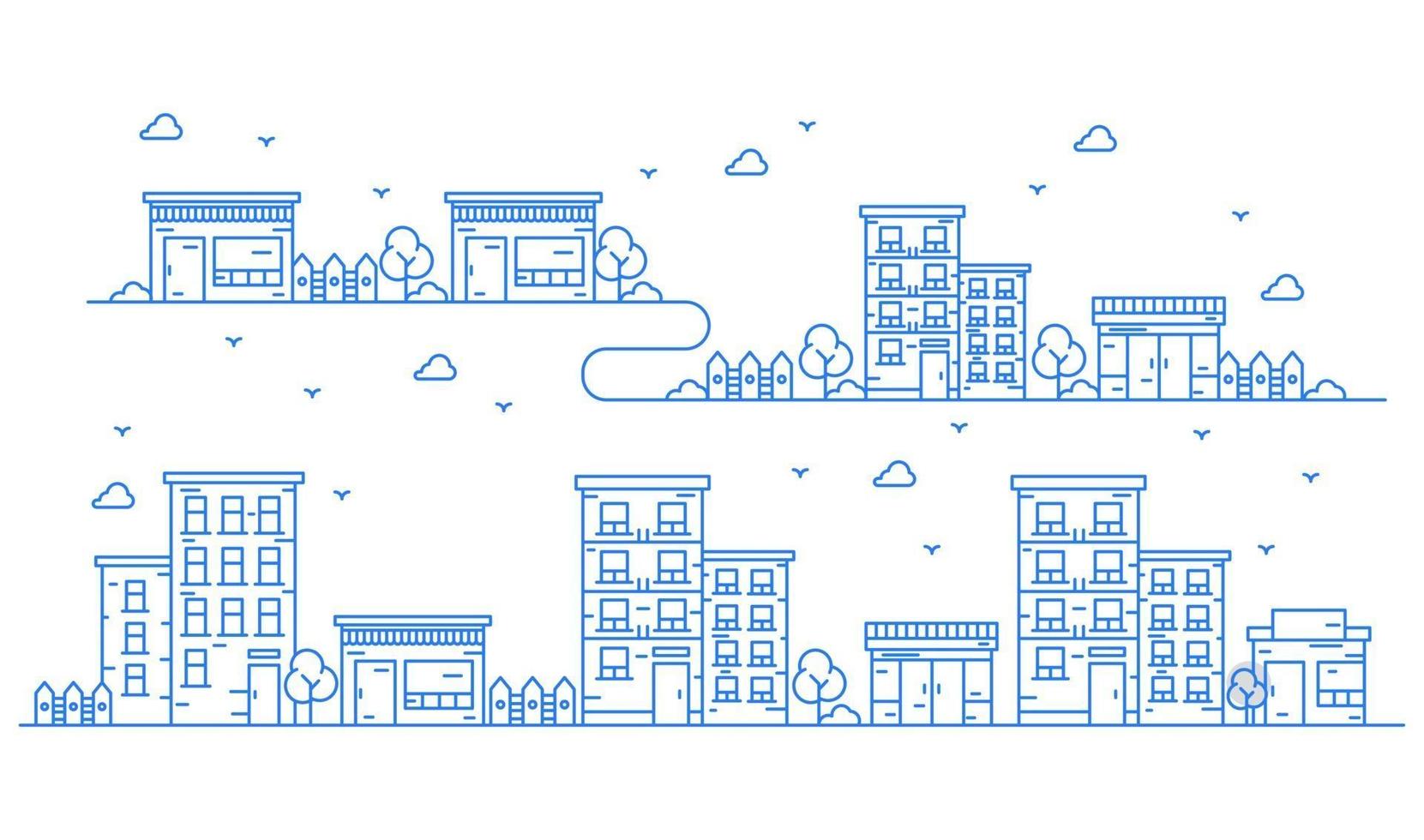 Ilustración de edificios en estilo de línea con varias formas de edificios. hermosas vistas urbanas con arboles vector