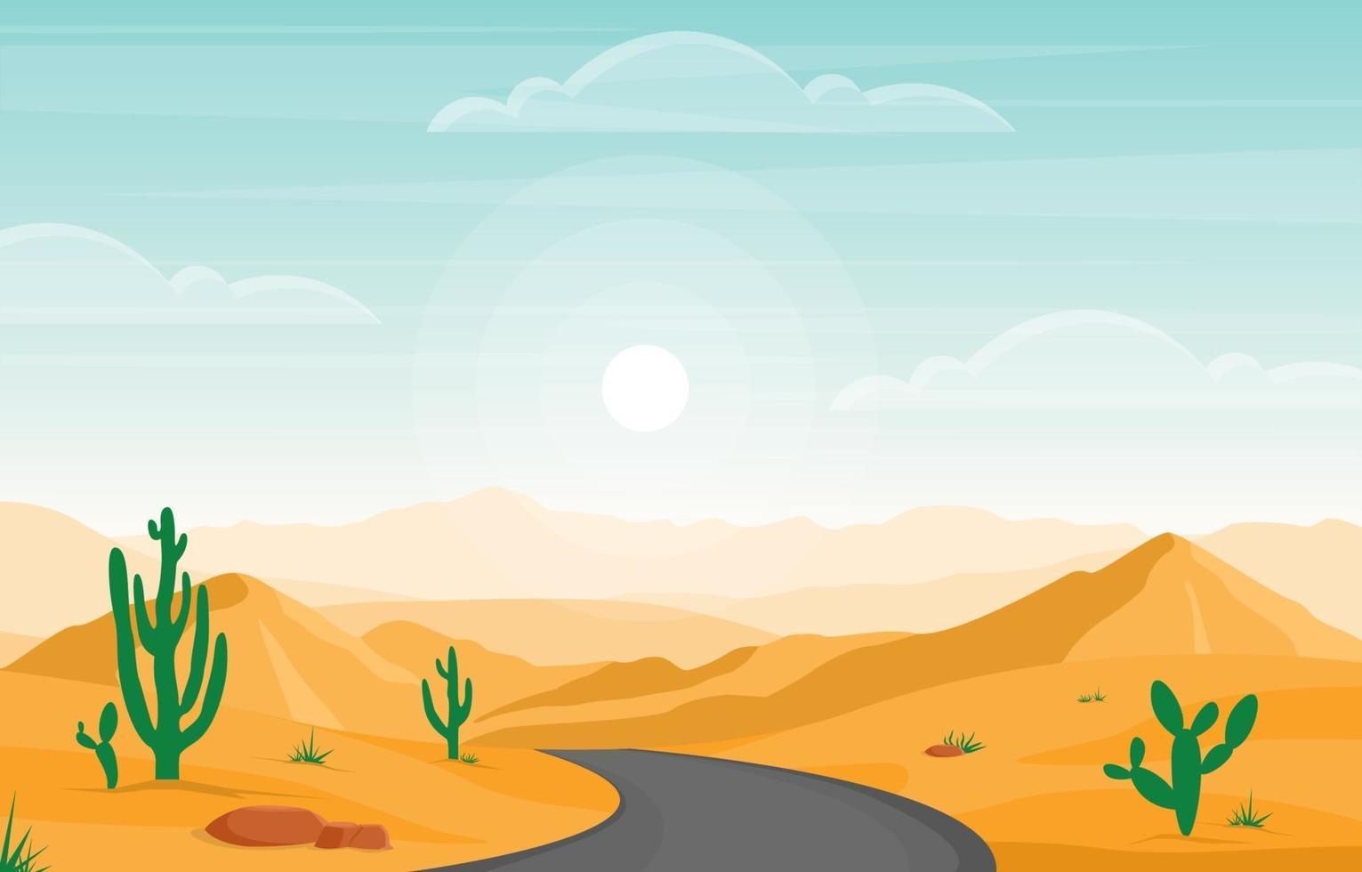 Day in Vast Desert Rock Hill Mountain with Cactus Horizon Landscape Illustration vector