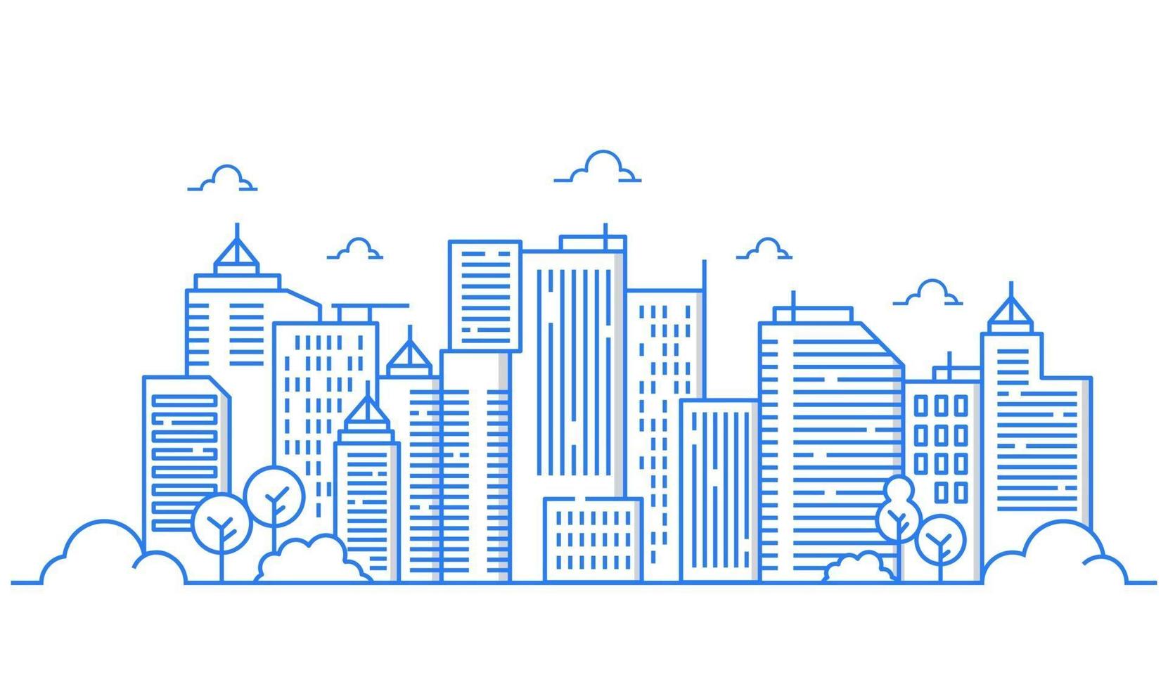 Illustration of buildings in line style with various shapes of buildings. Beautiful urban views with trees vector