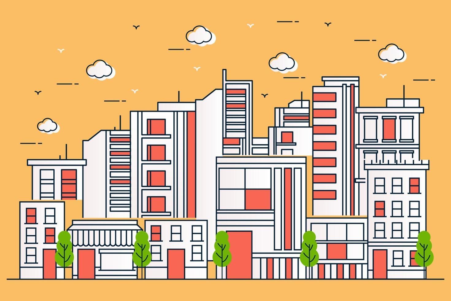 hermosa ilustración urbana con varios edificios en estilo de línea vector