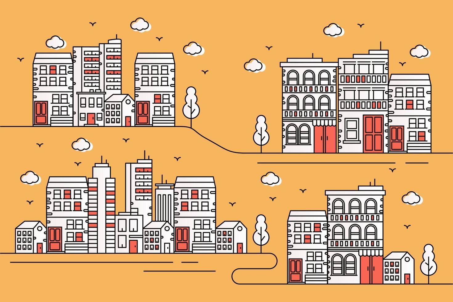 City illustration in line style with trees vector