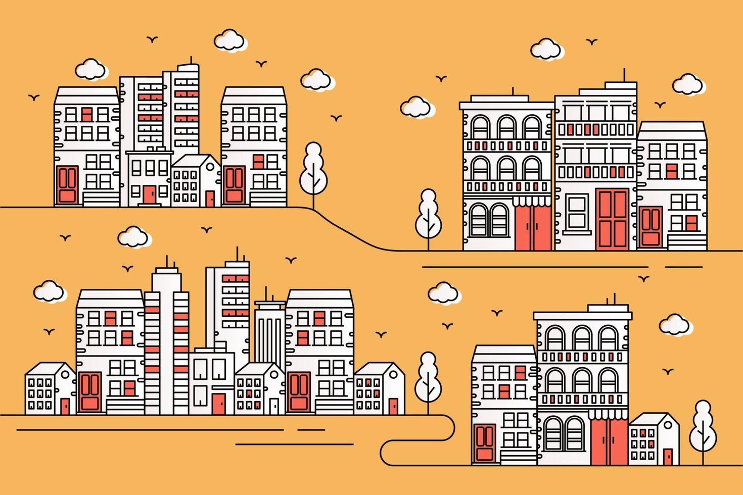 City illustration in line style with trees vector