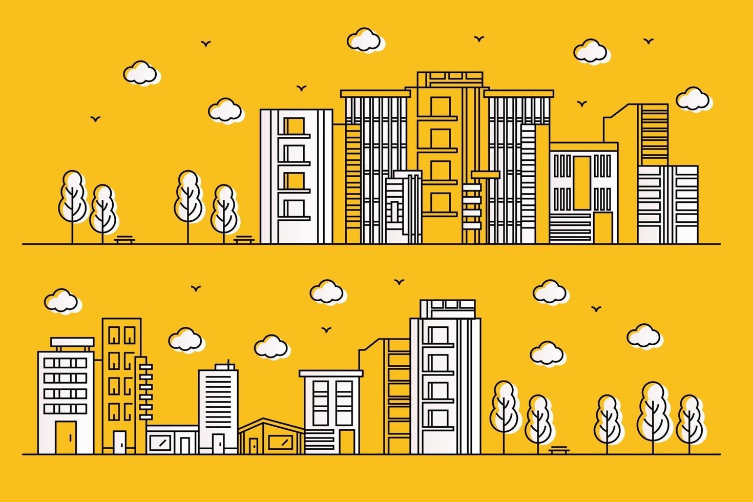 Urban illustration with various shapes of buildings in line style of paper with trees vector