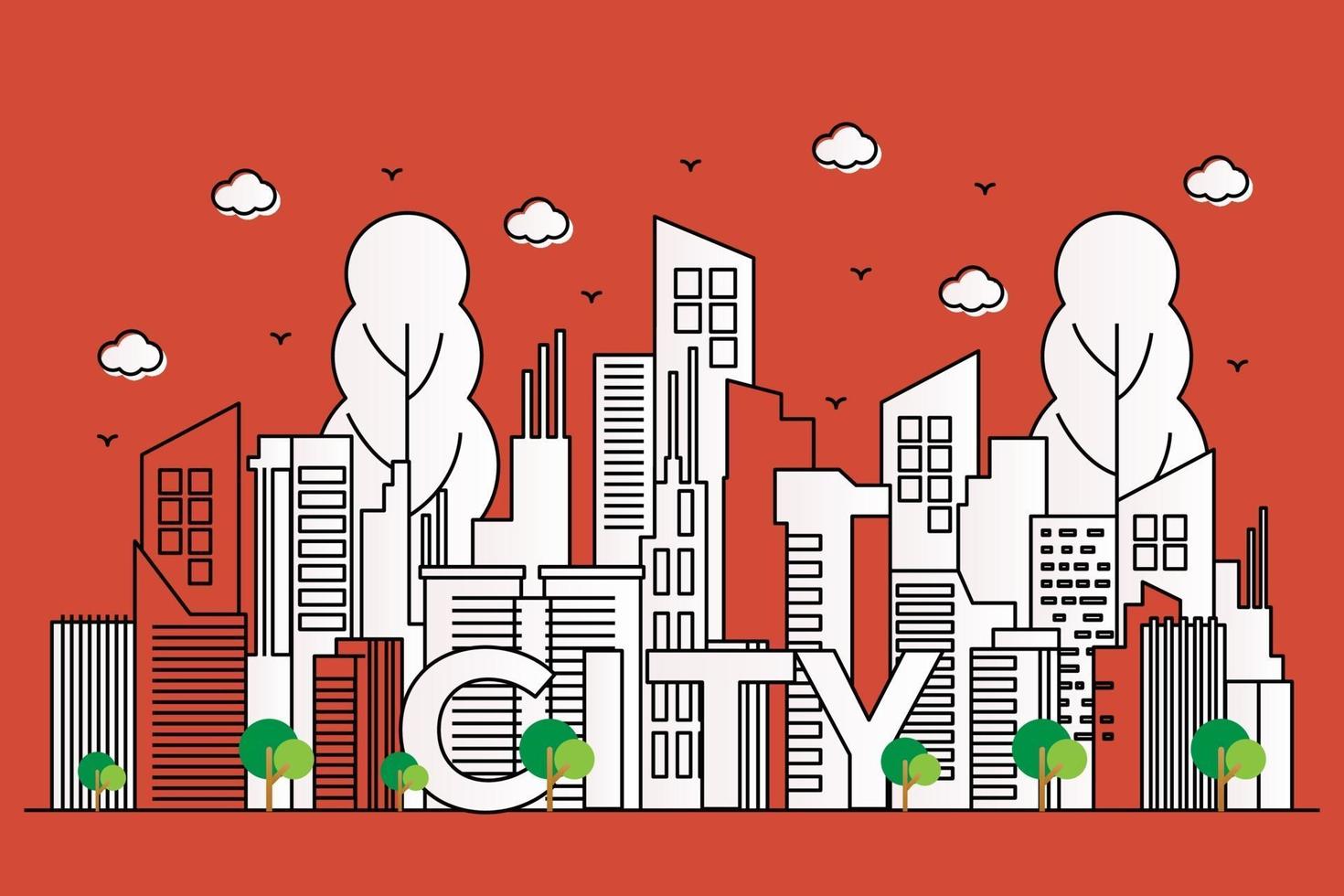 Illustration of a city in thin line style on red background vector