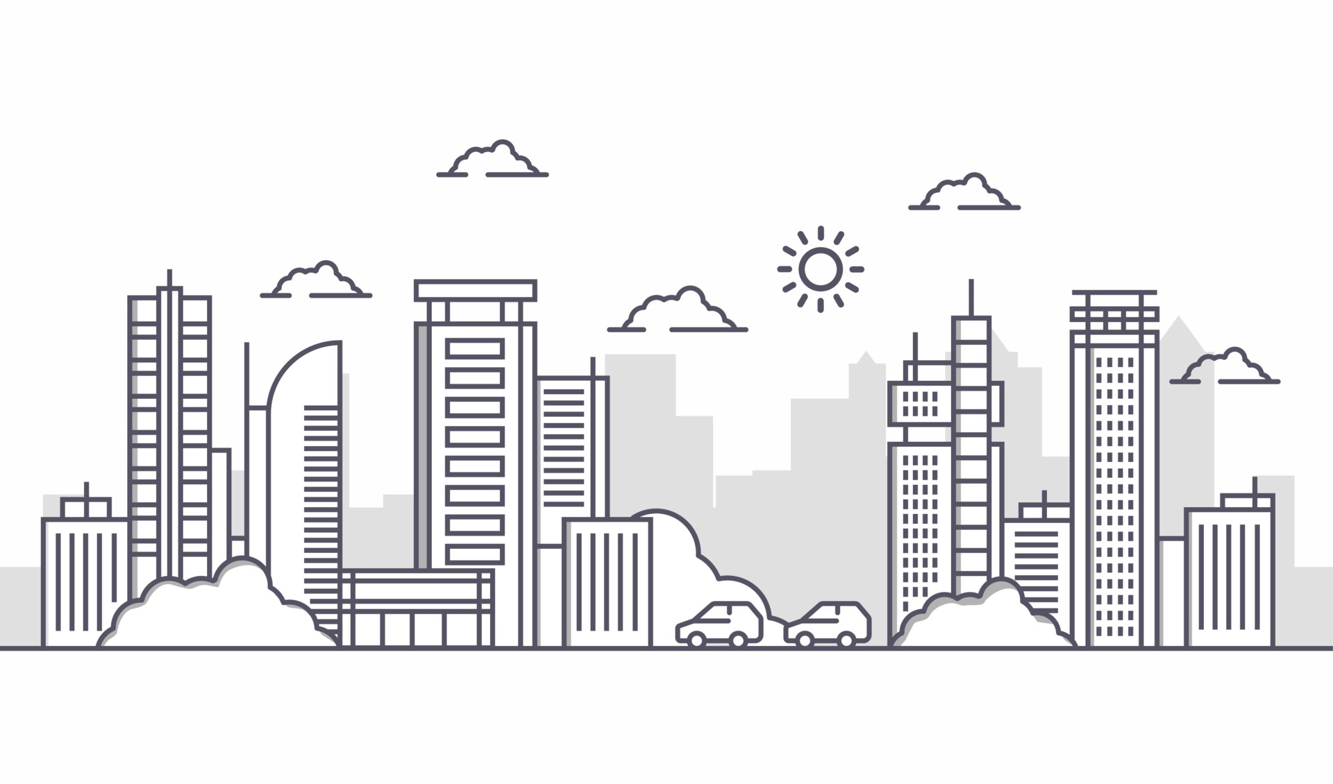 Urban illustration with large buildings with cars and trees. City