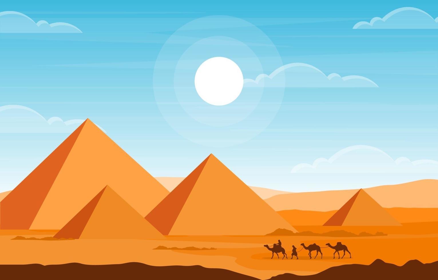 caravana de camellos cruzando egipto pirámide desierto paisaje árabe ilustración vector