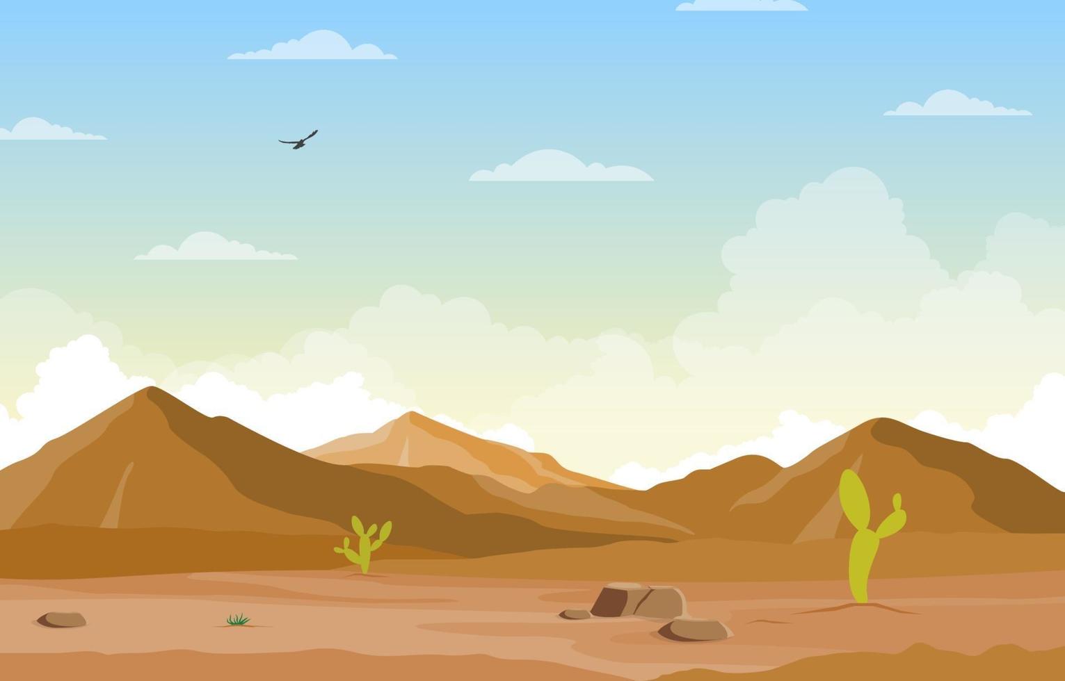 Day in Vast Desert Rock Hill Mountain with Cactus Horizon Landscape Illustration vector