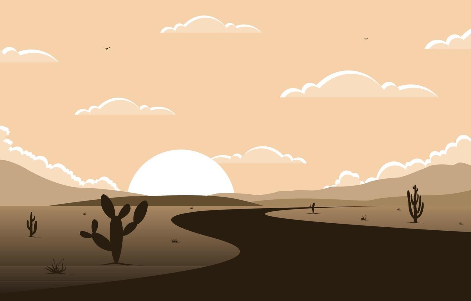 Day in Vast Western American Desert with Cactus Horizon Landscape Illustration vector
