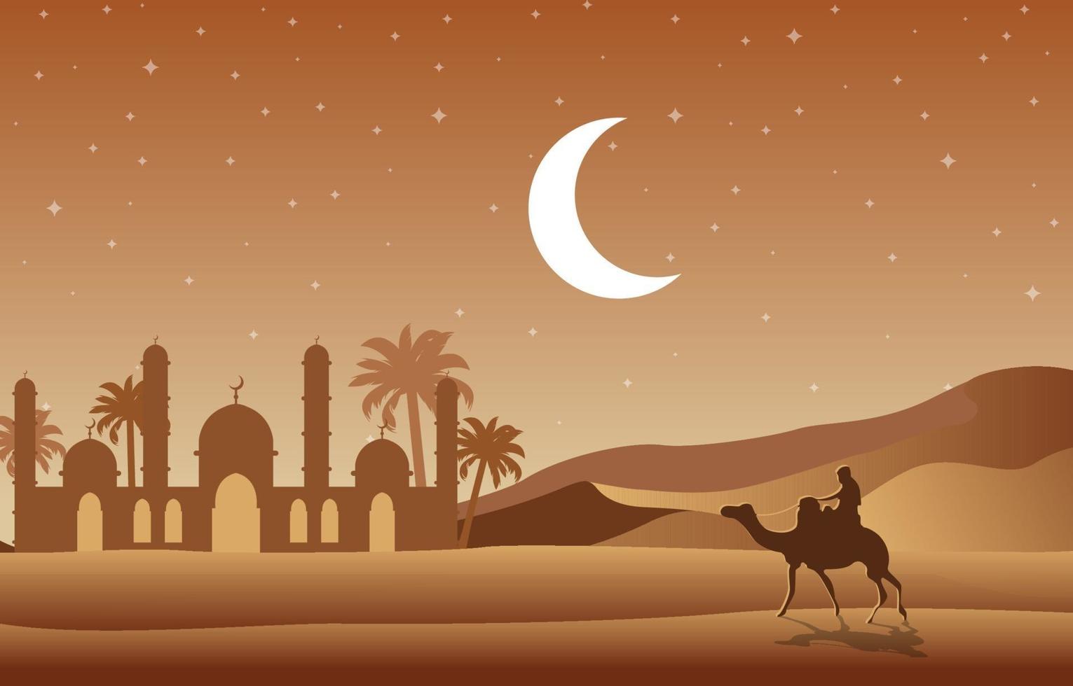 Desert Night Scene with Mosque and Palm Trees Illustration vector