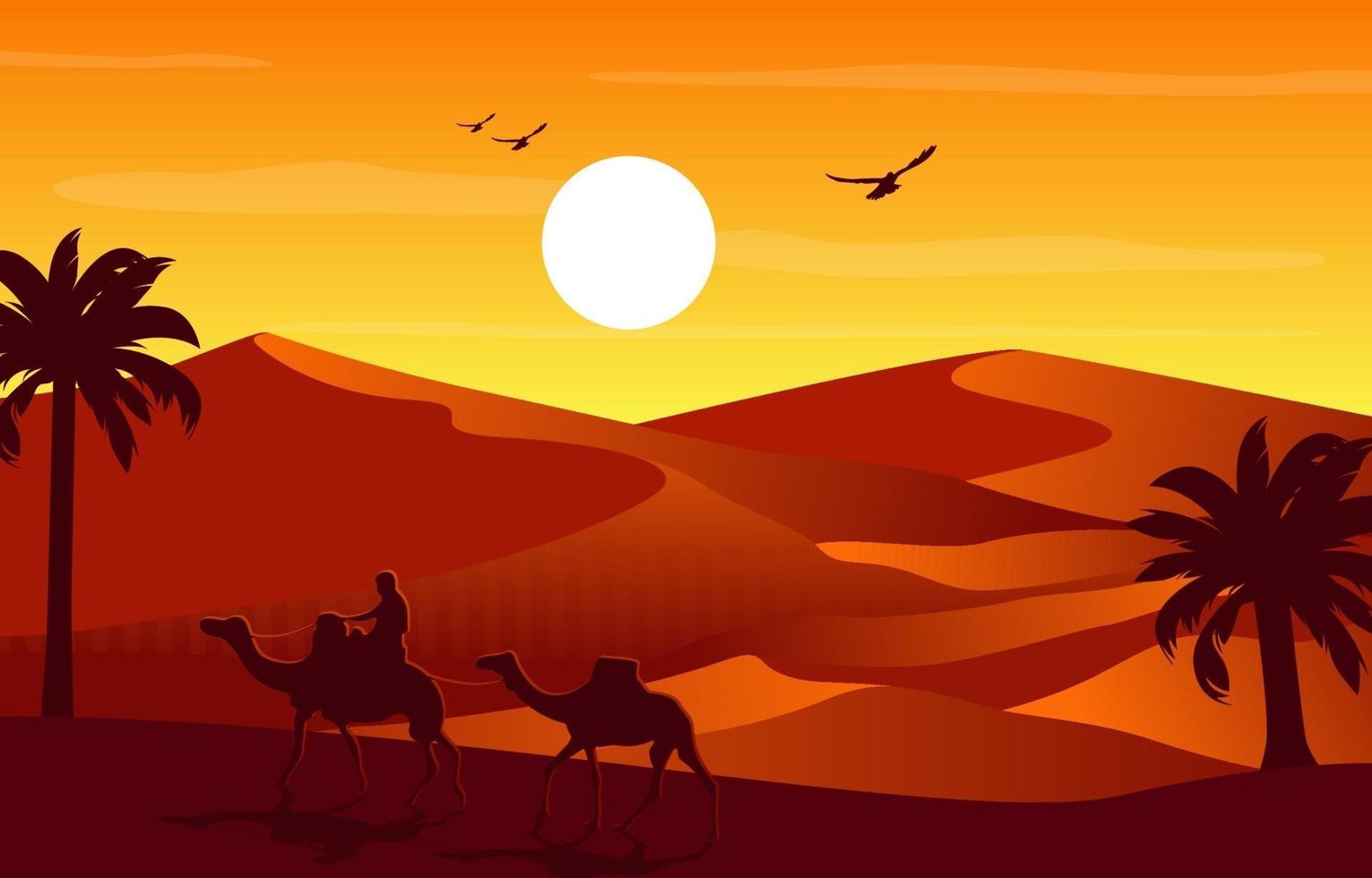 Camel Rider Crossing Vast Desert Hill Arabian Landscape Illustration vector