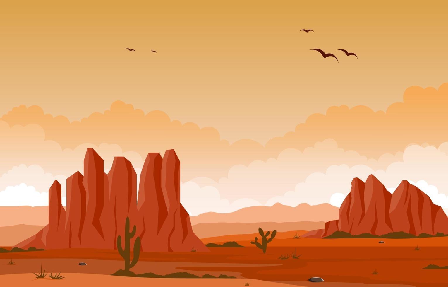 Day in Vast Western American Desert with Cactus Horizon Landscape Illustration vector