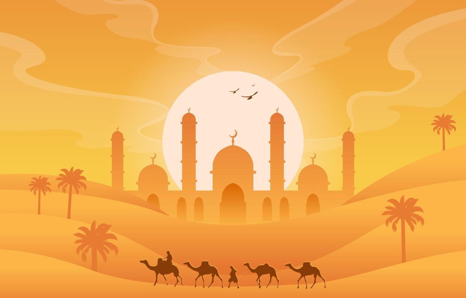 Golden Desert with Islamic Mosque Illustration vector