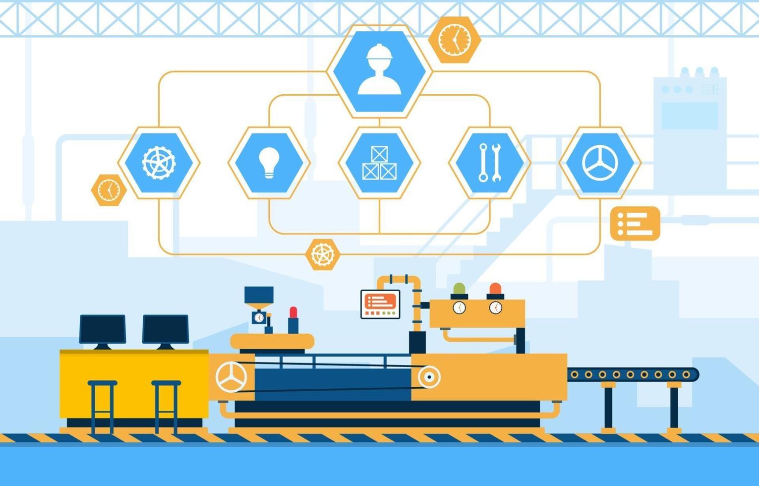 Industrial Factory with Conveyor Belt and Robotic Assembly Illustration vector