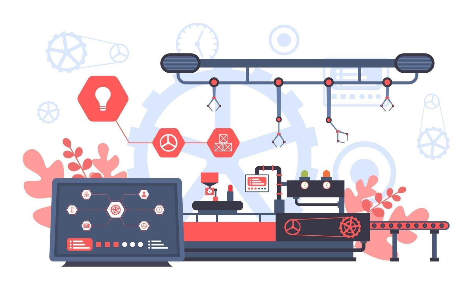 Fábrica industrial con cinta transportadora e ilustración de ensamblaje robótico vector