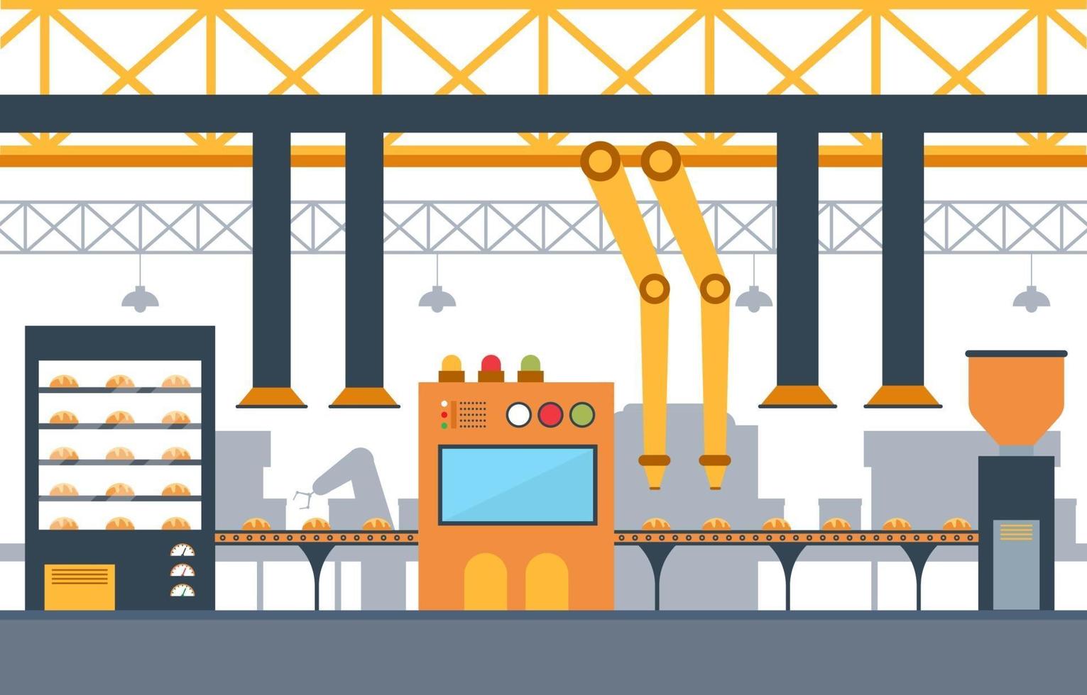 Industrial Factory with Conveyor Belt and Robotic Assembly Illustration vector
