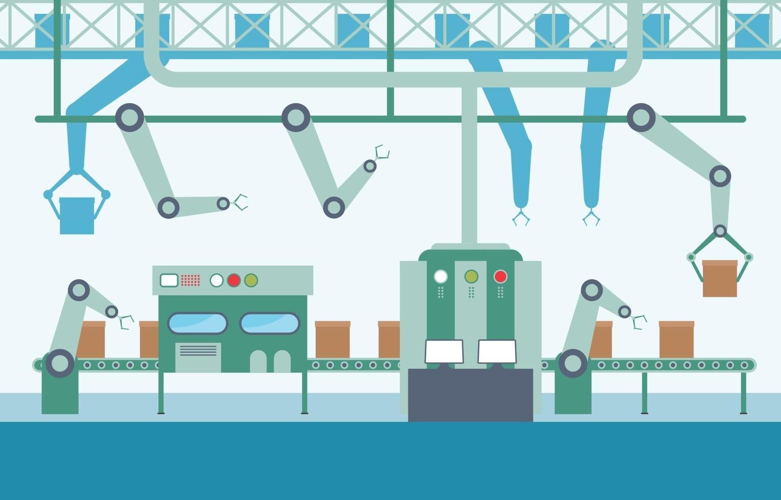 Industrial Factory with Conveyor Belt and Robotic Assembly Illustration vector